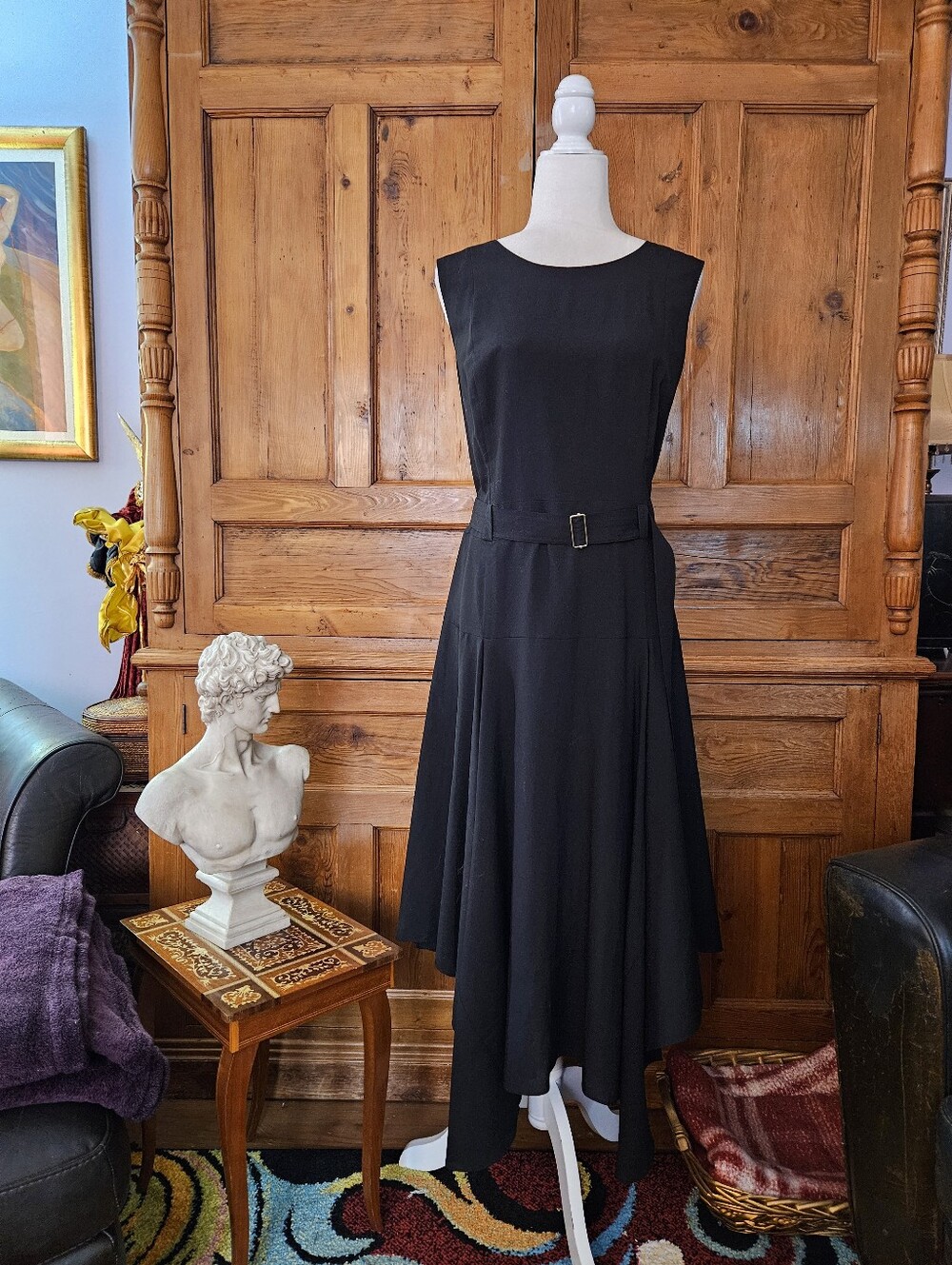 Calvin Klein Sophisticated Black High Low, Fit & Flare Belted Dress.